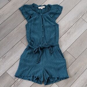 LOFT Teal Romper with Ruffle Sleeves EUC